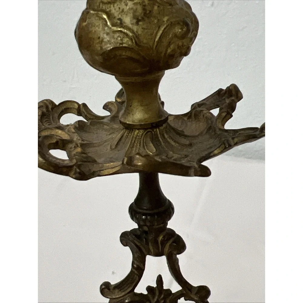 Antique Rococo Gilt Copper Bronze Floral Ornate Scrolled Candlestick Marble‎